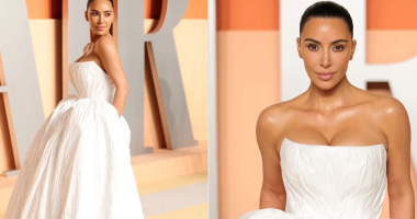 Kim Kardashian Rocks Dramatic Tyvek Bridal Gown at Oscars Party